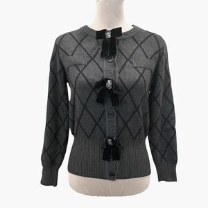 Nancy Yang Diamond Knit Cardigan Velvet Bow Jewel Button Sweater Gray Small NEW